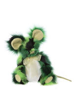 Green and black plush mouse toy on a white background