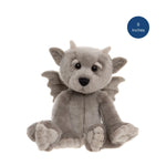 A plush dragon toy in light gray with small wings, large dark eyes, and a black nose, shown sitting on a white background. A blue circular badge in the top right reads '8 Inches'.