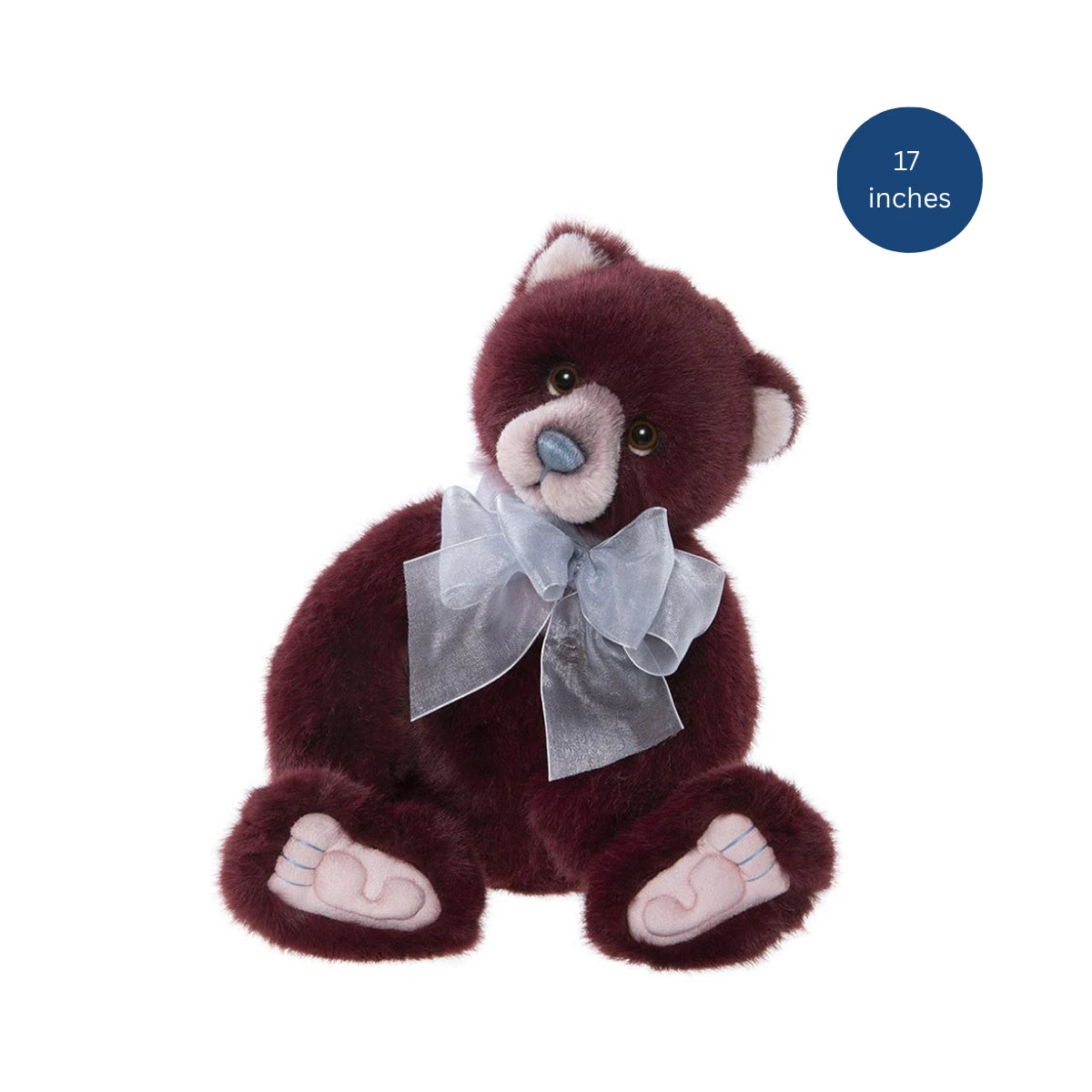 Plush teddy bear with a gray bow on a white background, labeled as 17 inches.