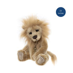 Stuffed lion toy with a size label indicating 13 inches on a white background